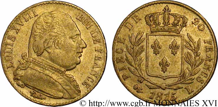 20 francs or Louis XVIII, buste habillé 1815 Bayonne F.517/14 XF 