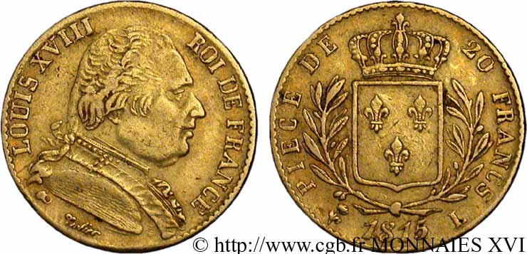 20 francs or Louis XVIII, buste habillé 1815 Bayonne F.517/15 XF 