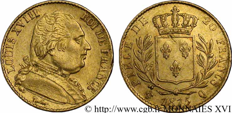 20 francs or Louis XVIII, buste habillé 1815 Perpignan F.517/16 SS 