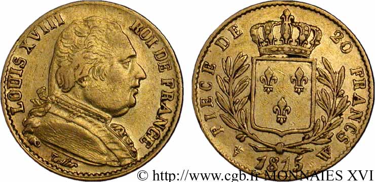 20 francs or Louis XVIII, buste habillé 1815 Lille F.517/18 TTB 
