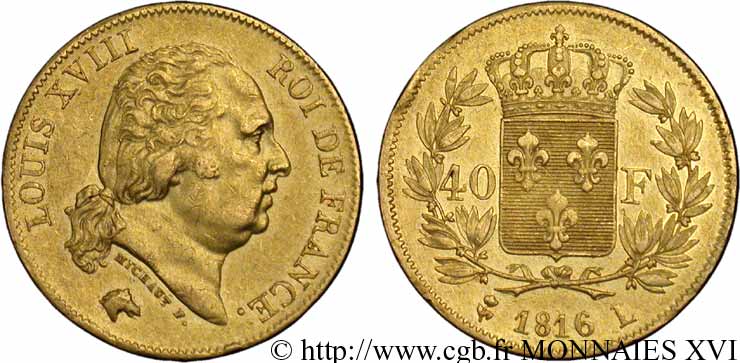 40 francs or Louis XVIII 1816 Bayonne F.542/3 SS 