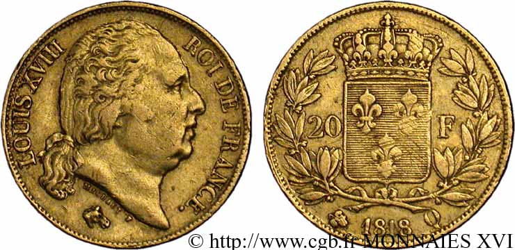 20 francs or Louis XVIII, tête nue 1818 Perpignan F.519/12 MBC 