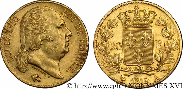20 francs or Louis XVIII, tête nue 1819 Paris F.519/15 MBC 