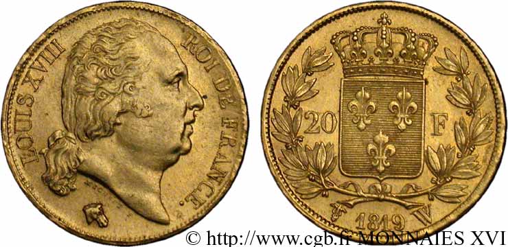 20 francs or Louis XVIII, tête nue 1819 Lille F.519/18 AU 