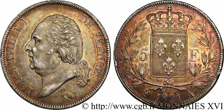 5 francs Louis XVIII tête nue 1821  Paris F.309/60 SUP 
