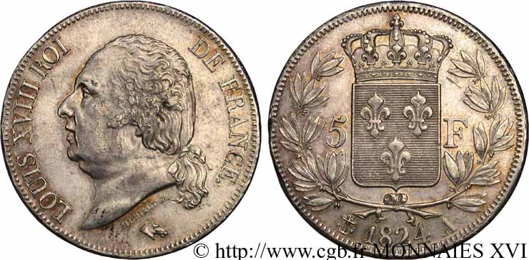 5 francs Louis XVIII, tête nue 1824 Paris F.309/88 SUP 