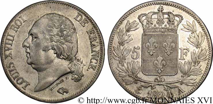 5 francs Louis XVIII, tête nue 1824 Paris F.309/88 TTB 