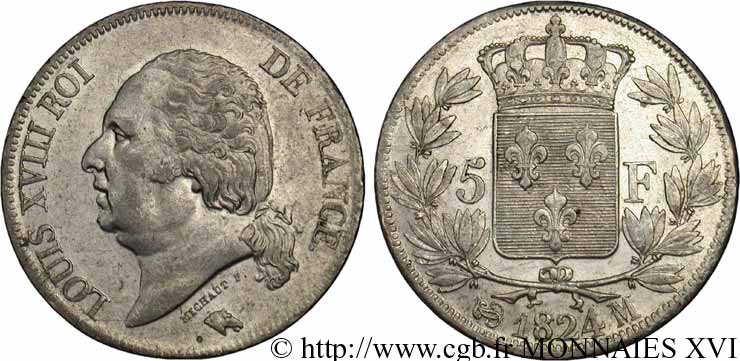 5 francs Louis XVIII, tête nue 1824 Toulouse F.309/95 XF 