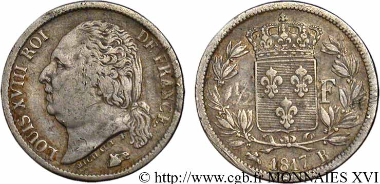 1/2 franc Louis XVIII 1817 Rouen F.179/10 TB 