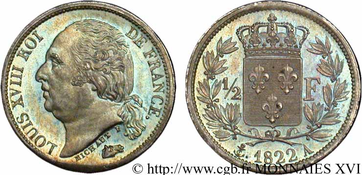1/2 franc Louis XVIII 1822 Paris F.179/30 MS 