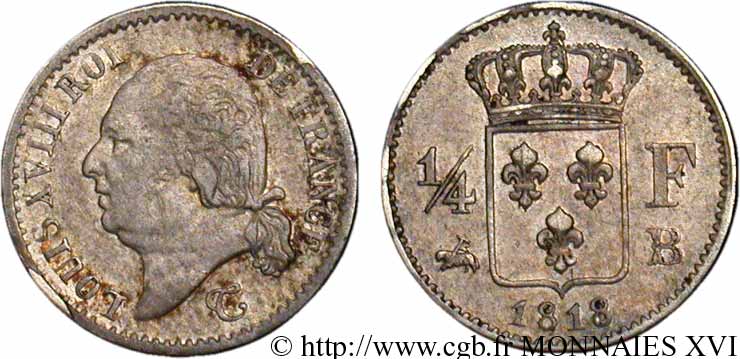 1/4 franc Louis XVIII 1818 Rouen F.163/13 MBC 