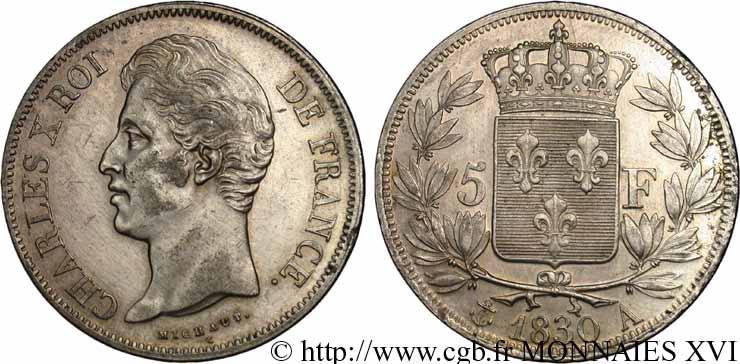 5 francs Charles X, 2e type, tranche en relief 1830 Paris F.312/1 AU 