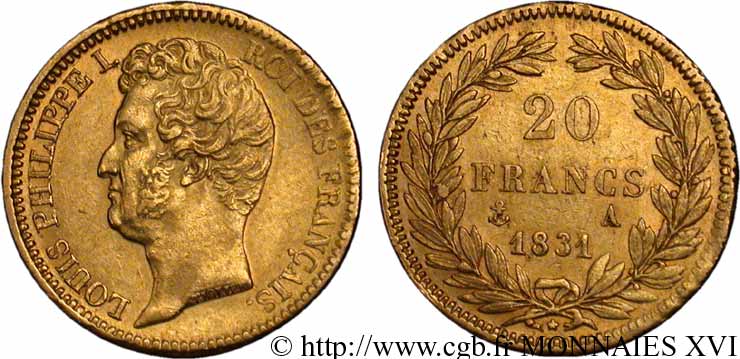 20 francs or Louis-Philippe, Tiolier, tranche inscrite en creux 1831 Paris F.524/2 MBC 