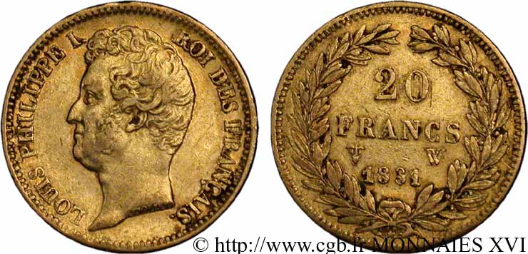 20 francs or Louis-Philippe, Tiolier, tranche inscrite en creux 1831 Lille F.524/4 MBC 