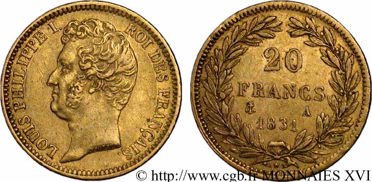 20 francs or Louis-Philippe, Tiolier, tranche inscrite en relief 1831 Paris F.525/2 SS 