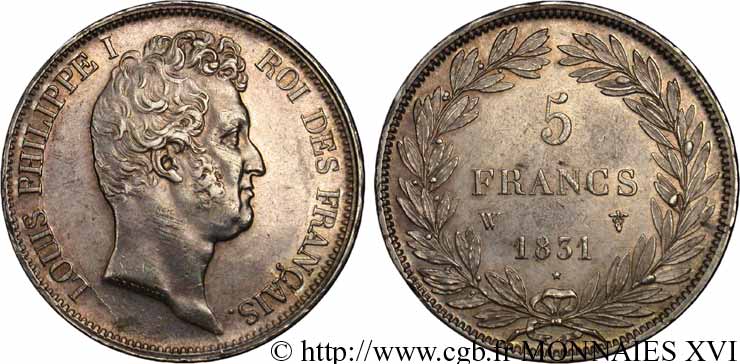 5 francs type Tiolier avec le I, tranche en creux 1831 Lille F.315/27 EBC 