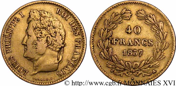 40 francs or Louis-Philippe 1837 Paris F.546/10 MB 