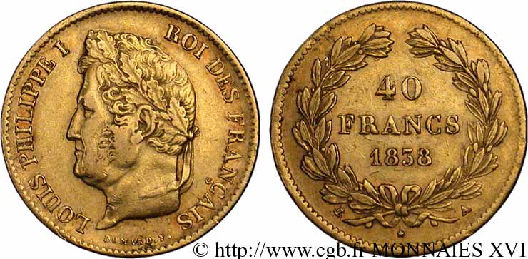 40 francs or Louis-Philippe 1838 Paris F.546/11 XF 