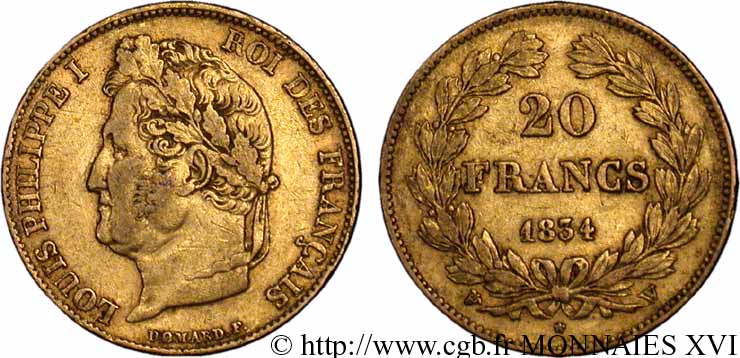 20 francs Louis-Philippe, Domard 1834 Lille F.527/10 XF 