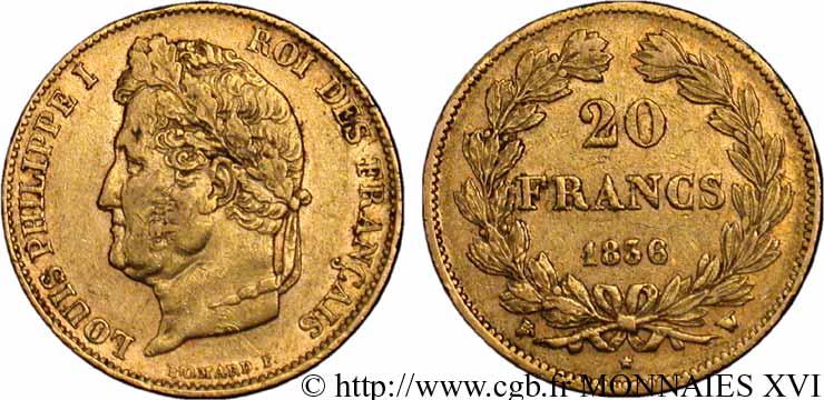 20 francs Louis-Philippe, Domard 1836 Lille F.527/15 XF 