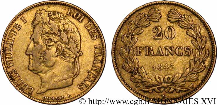 20 francs Louis-Philippe, Domard 1843 Lille F.527/30 MBC 