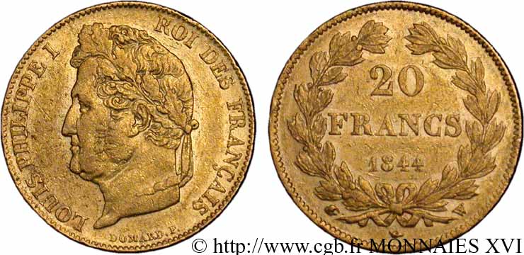 20 francs Louis-Philippe, Domard 1844 Lille F.527/32 BB 