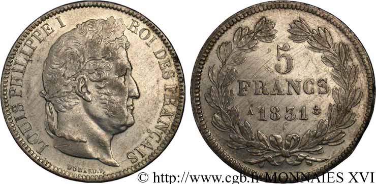 5 francs, Ier type Domard, tranche en relief 1831 Paris F.320/1 MBC 