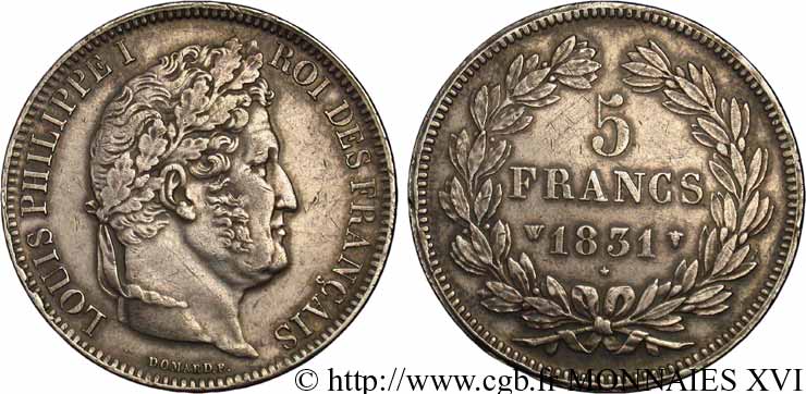 5 francs, Ier type Domard, tranche en relief 1831 Lille F.320/13 XF 