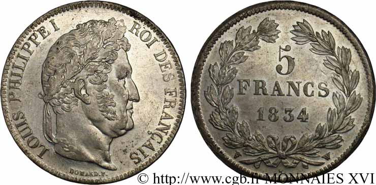 5 francs, IIe type Domard 1834 Lille F.324/41 AU 