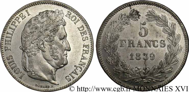 5 francs, IIe type Domard 1839 Bordeaux F.324/80 SUP 