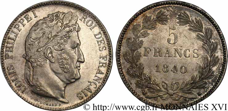 5 francs, IIe type Domard 1840 Strasbourg F.324/85 AU 
