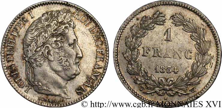 1 franc Louis-Philippe, couronne de chêne 1834 Lille F.210/39 SPL 