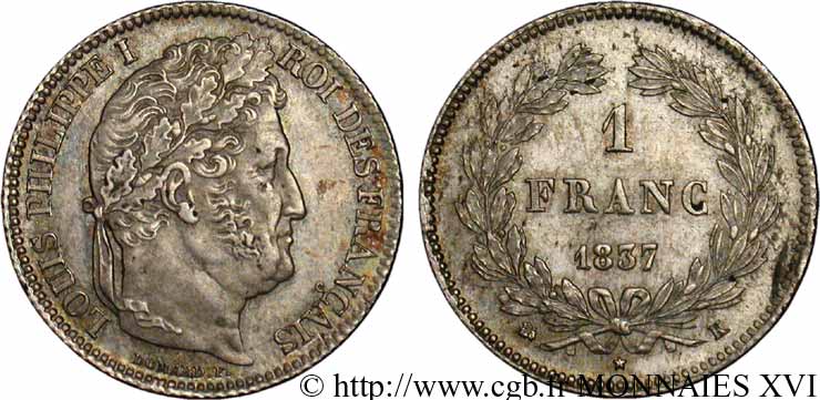 1 franc Louis-Philippe, couronne de chêne 1837 Bordeaux F.210/59 AU 
