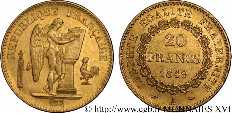20 francs or Génie, IIe République 1849 Paris F.528/2 VZ 