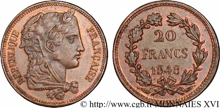Concours de 20 francs, piéfort de Gayrard, premier concours 1848 Paris VG.3025 var. SPL 