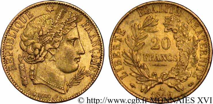 20 francs or Cérès 1849 Paris F.529/1 XF 