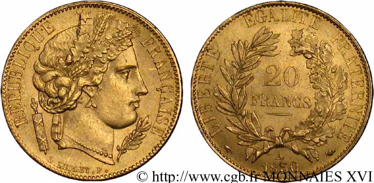 20 francs or Cérès, oreille basse 1850 Paris F.529/3 AU 