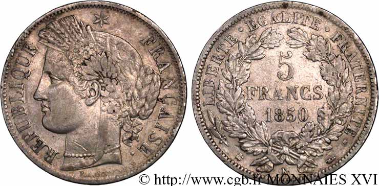 5 francs Cérès Deuxième république 1850 Bordeaux F.327/6 MBC 