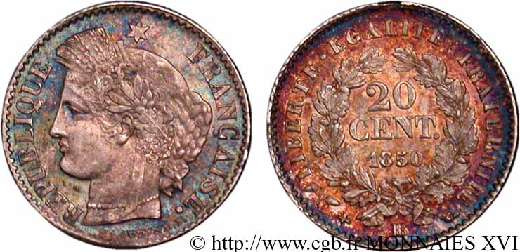 20 centimes Cérès, IIe République 1850 Strasbourg F.146/4 SUP 