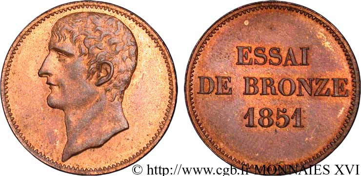 Essai de bronze au module de 5 centimes, Bonaparte 1851 Paris VG.3290  MS 