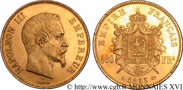 100 francs or Napoléon III tête nue 1855 Paris F.550/1 SUP 