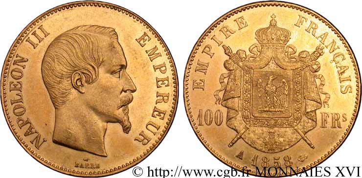 100 francs or Napoléon III tête nue 1858 Paris F.550/5 AU 