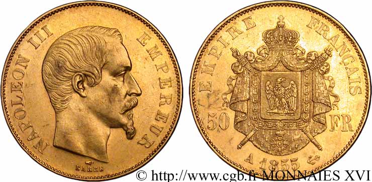50 francs or Napoléon III, tête nue 1855 Paris F.547/1 VZ 