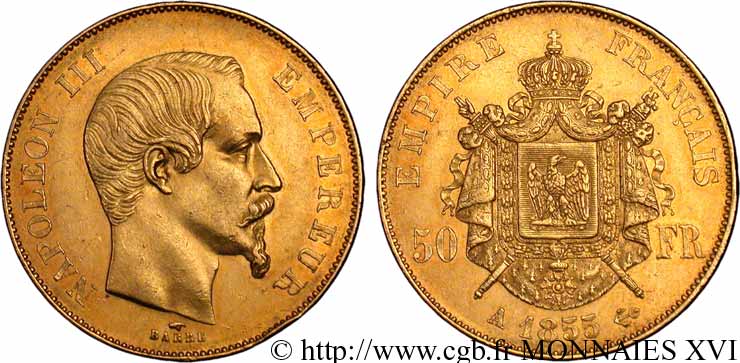 50 francs or Napoléon III, tête nue, variété de frappe tréflée 1855 Paris F.547/1 XF 