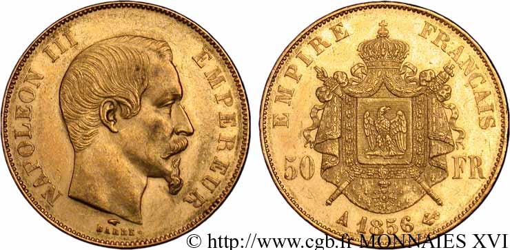 50 francs or Napoléon III, tête nue 1856 Paris F.547/3 AU 