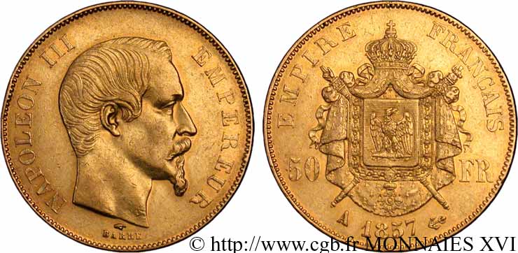 50 francs or Napoléon III, tête nue 1857 Paris F.547/4 SS 