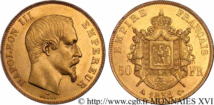 50 francs or Napoléon III, tête nue 1858 Paris F.547/5 EBC 