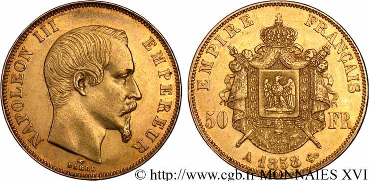 50 francs or Napoléon III, tête nue, variété de frappe tréflée 1858 Paris F.547/5 BB 