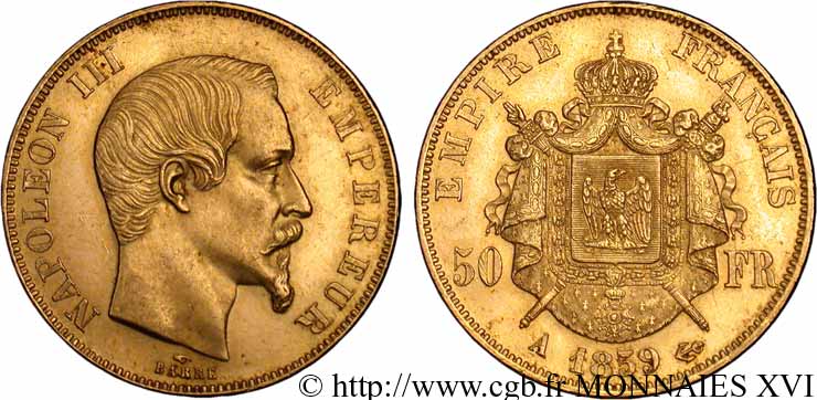 50 francs or Napoléon III, tête nue 1859 Paris F.547/7 VZ 