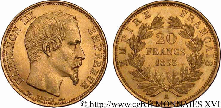 20 francs or Napoléon III, tête nue 1853 Paris F.531/1 SPL 